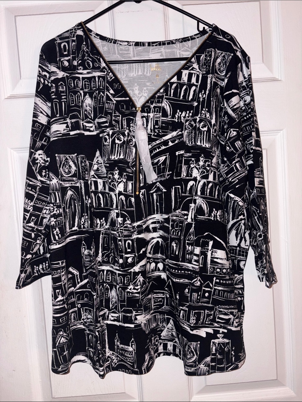 Belle by Kim Gravel Black & White Printed Tunic with Tassel Zip